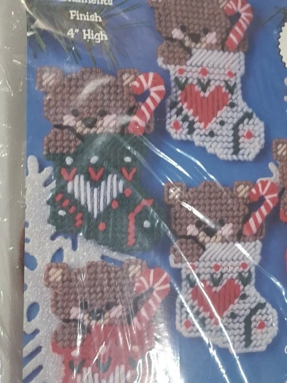 Vtg Plastic Canvas Ornament Kit 4 Patterns NMI #1225 -Bears In Stockings -NOS